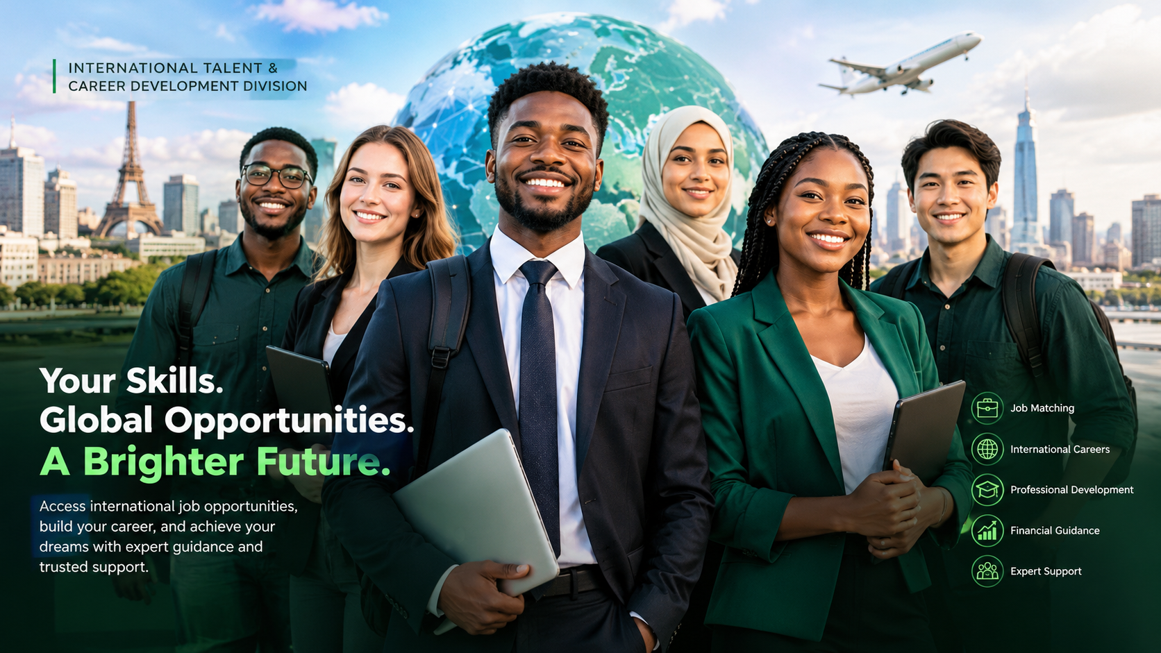 Diverse young professionals ready for international careers